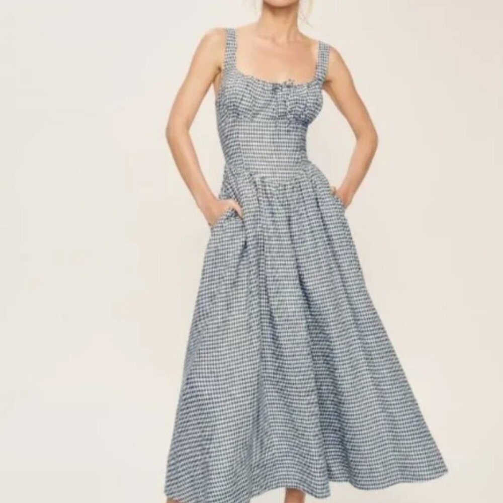 Reformation Balia Linen Dress in Slate Check - Picture 3 of 13